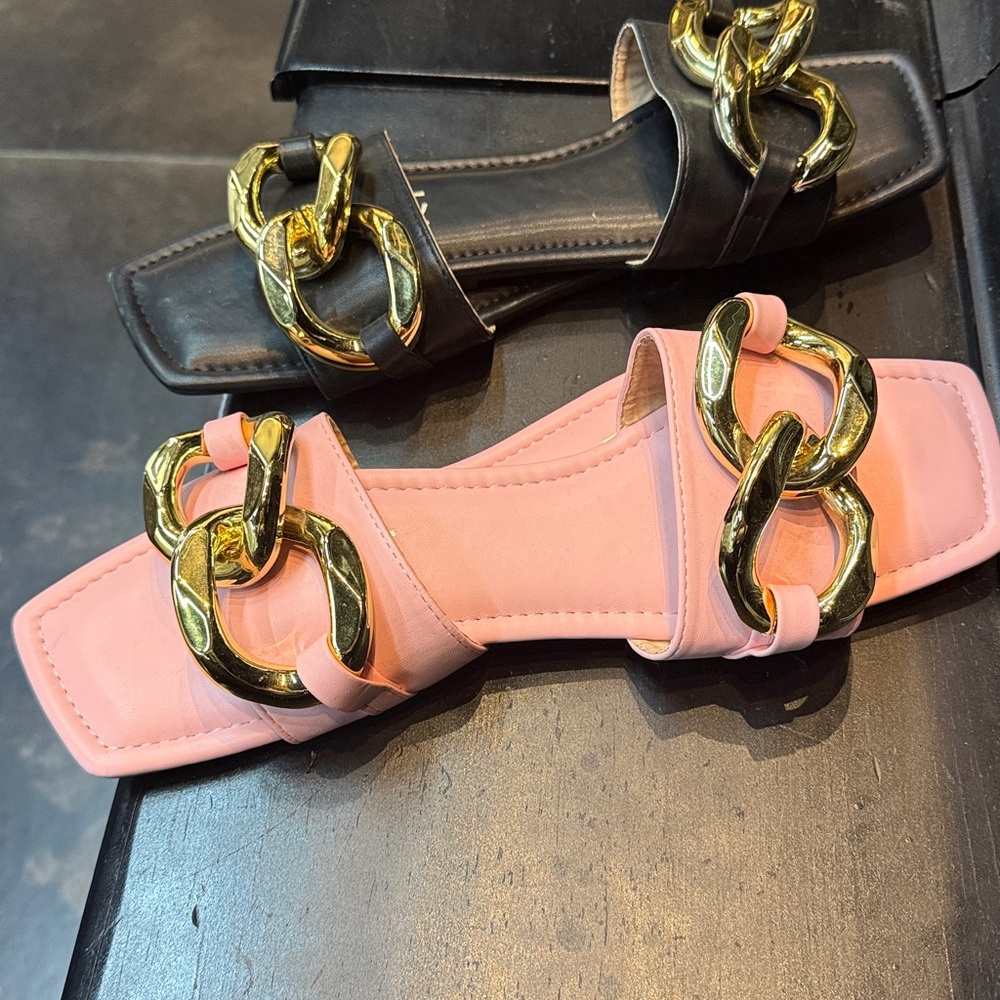 Yoki Women's Black and Pink Slide Sandals with Gold 2 pr pink 8 lgst